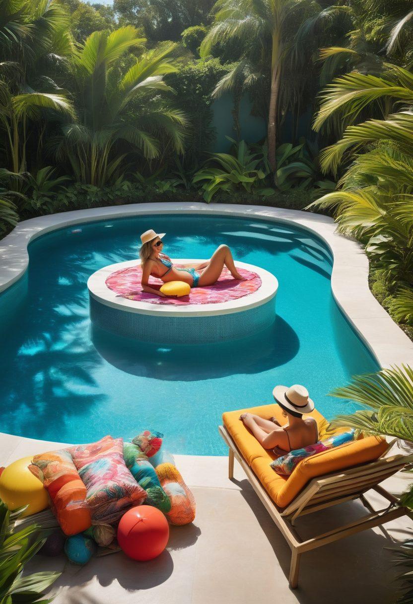 A sunlit poolside scene showcasing a diverse group of people in stylish summer swimwear and accessories, including colorful hats, sunglasses, and vibrant cover-ups. The background features lush tropical plants and a sparkling blue pool, evoking a relaxed summer vibe. Include playful elements like floating pool toys and cocktails on stylish lounge chairs. super-realistic. vibrant colors. tropical theme.
