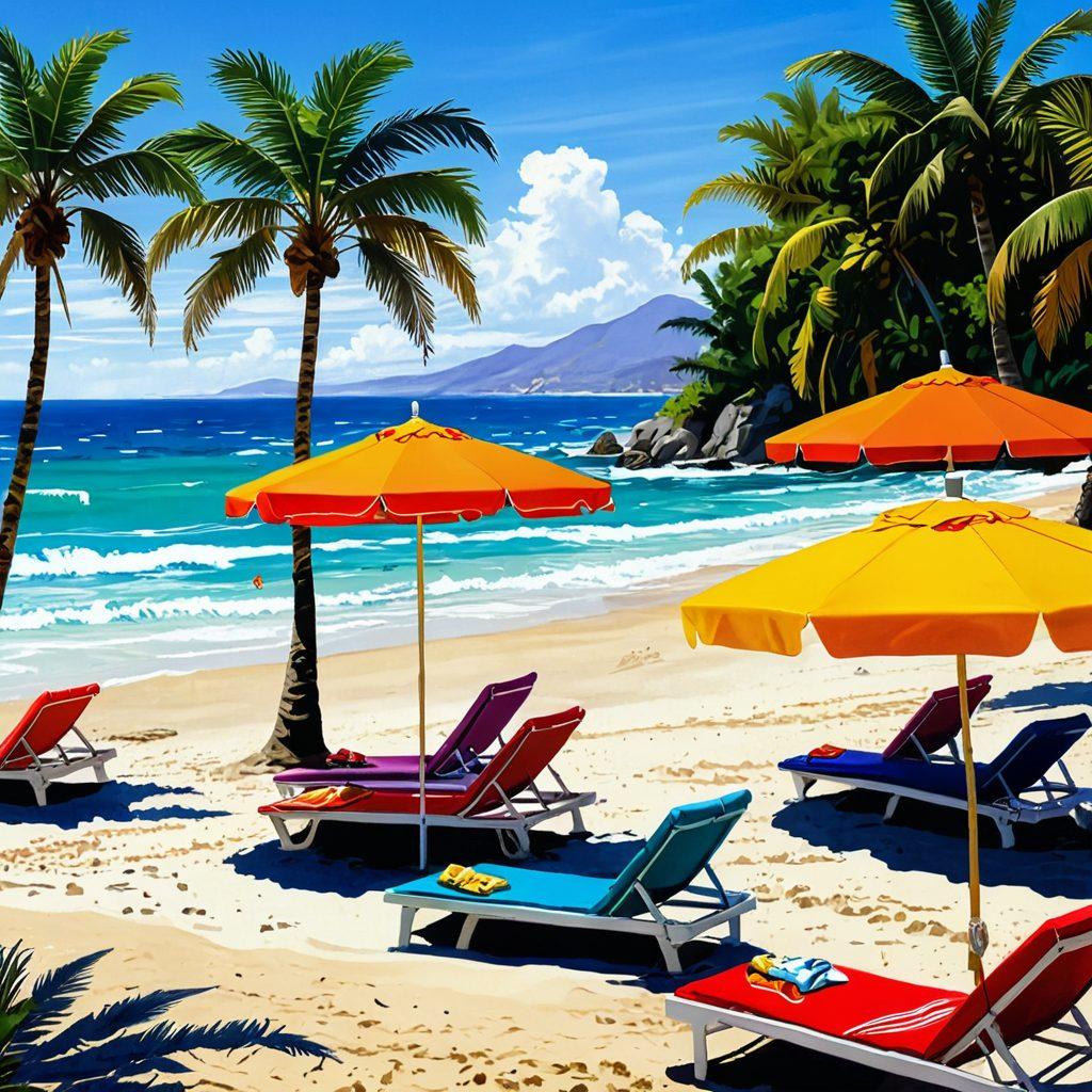 A vibrant beach scene showcasing a diverse group of stylish individuals wearing chic thongs and bikinis, with colorful umbrellas and beach towels in the background. The sun is shining brightly, and the mood is carefree and cheerful. Incorporate tropical elements like palm trees and ocean waves to enhance the summer vibe. super-realistic. vibrant colors. beach setting.
